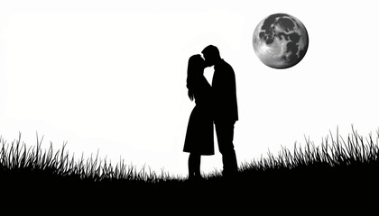 Romantic couple sharing a kiss under a full moon in a grassy field at night