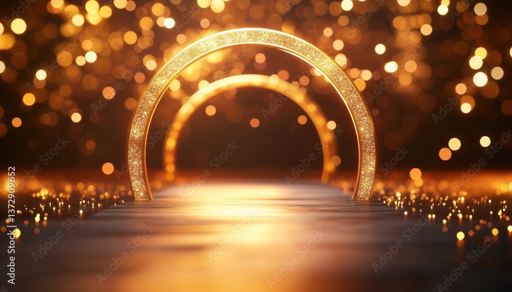 Poster luxurious product podium with sparkling golden curve, bokeh, and blurred elements in a realistic sce