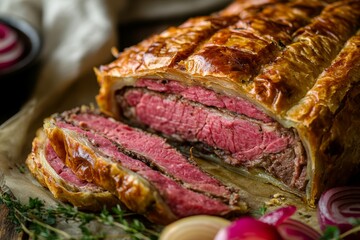 Obraz premium Intricately Presented Gourmet Meat Pie Featuring a Crispy Golden Flaky Crust and Rich Flavorful Filling
