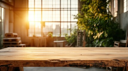 This aesthetic image highlights a rustic wood table set against large windows, with brilliant sunlight pouring in, creating a serene environment perfect for reflection and creative ideas.