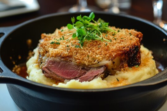 Rustic duck confit parmentier with caramelized breadcrumb and cheese crust in a cast iron skillet
