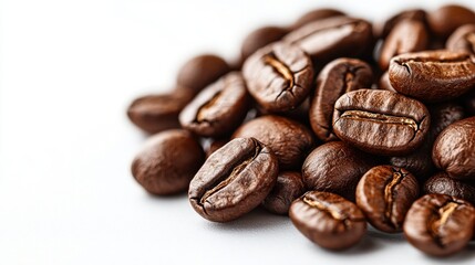 Fototapeta premium A pile of coffee beans on a white surface