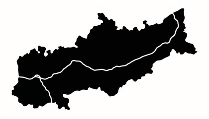 Outline map of a mountainous region featuring a prominent river or road marked in white