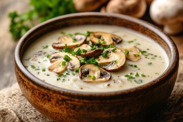 Steaming bowl of creamy mushroom velout&eacute; elegantly presented in a rustic ceramic dish with golden brown garnish