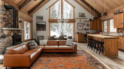 Cozy Rustic Living Room with Leather Sofa Fireplace and Wooden Accents in Modern Mountain Home Interior