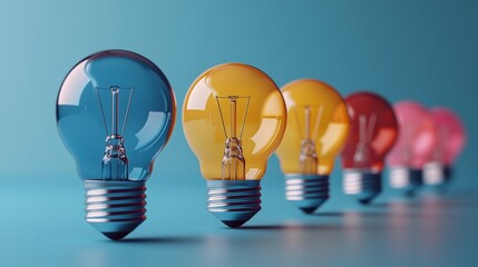A row of light bulbs lined up in a row on a blue background