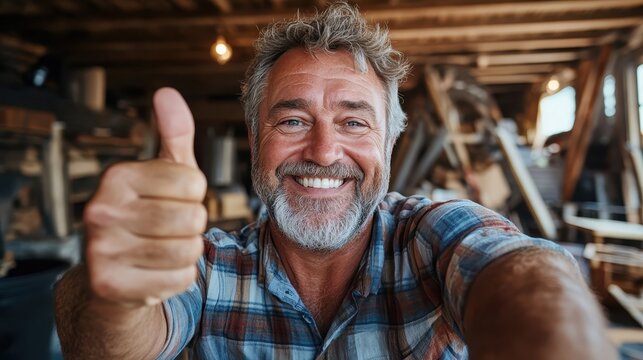 A cheerful man in a plaid shirt gives a thumbs up in a spacious workshop filled with wooden materials, showcasing a radiant smile and a positive energy that inspires joy.