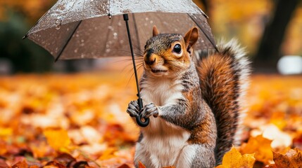 Obraz premium A squirrel holding an umbrella in a pile of leaves
