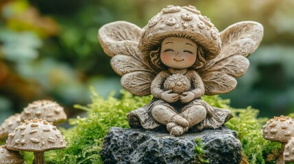 A small statue of a fairy sitting on a rock surrounded by mushrooms