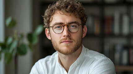 A man with curly hair wearing glasses and a white shirt