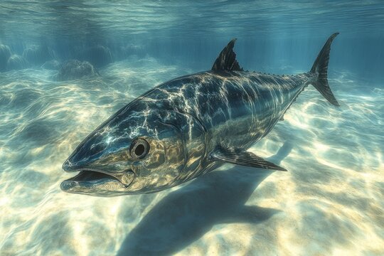 Wahoo fish is swimming close to the surface in clear blue water over a sandy bottom