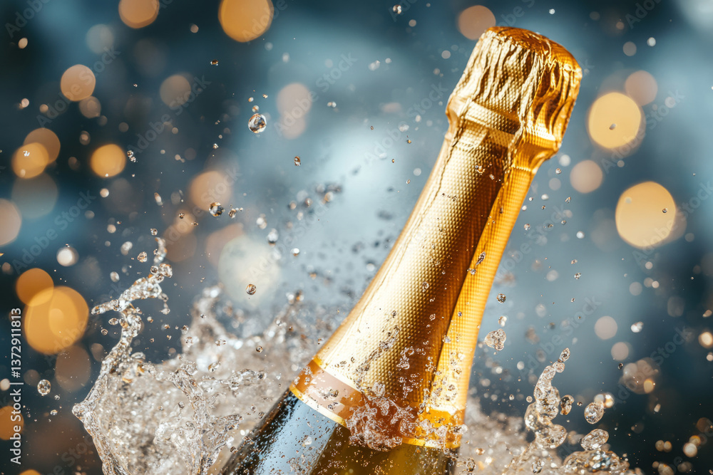 Poster sparkling wine bottle making a splash with golden wrap against a festive bokeh background