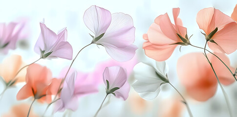 Delicate sweet pea petals in soft pastel hues flutter gently, suspended in mid-air against a pristine white background, creating a serene, romantic, and whimsical atmosphere
