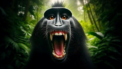 A black monkey with open mouth in a lush jungle setting.