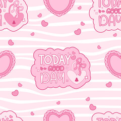 Vintage Coquette Pink Seamless Pattern. Motivational Quote Lettering with Bow on Padlock love on Groovy Distorted Stripe Background. Romantic Girly Vibe. Trendy aesthetic backdrop. Vector illustration