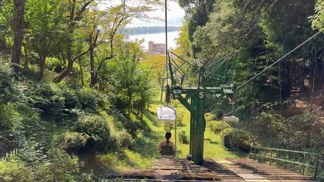 The view from the funicular railway down the hill with Miyazu Bay in the background.