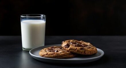 Two chocolate chip cookies on plate with glass of milk against dark background