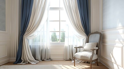 Modern living room interior with white and blue curtains, cozy armchair, plants and big glass wall