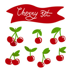 Hand-drawn cherry set. Simple and cute design for stickers, prints, packaging, and digital projects