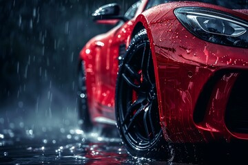 Close-up of a sleek red sports car with LED headlights in a dark studio