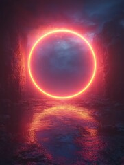 Glowing ring above dark water, surreal landscape.