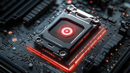 Fototapeta premium Glowing red CPU cooler on dark motherboard