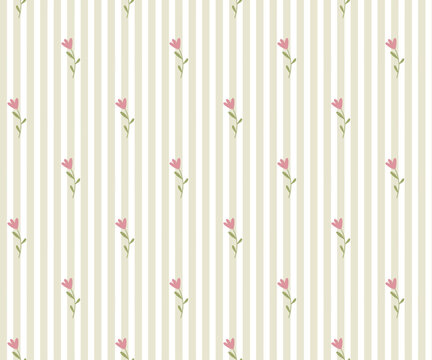 Seamless striped pattern with delicate pink tulips. For textiles, wallpapers, gift wrapping, and romantic, feminine designs