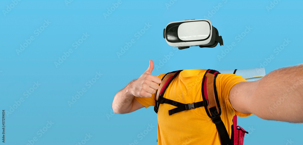 Poster a traveler wearing virtual reality goggles enjoys an immersive experience. they give a thumbs up whi
