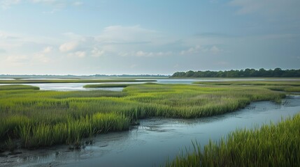 Fototapeta premium photograph of This coastal estuary showcases a delicate balance unique beauty and environmental significance through its rich birdlife salt marshes