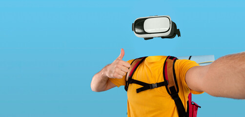 A traveler wearing virtual reality goggles enjoys an immersive experience. They give a thumbs up...