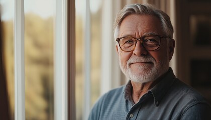 Fototapeta premium Happy Retired Senior Man Smiling By The Window: A Satisfied, Positive, And Confident Elderly Enjoying His Retirement At Home