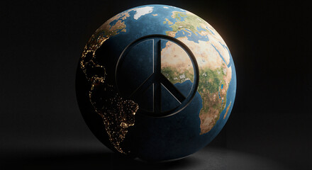 Peace symbol overlaying Earth in dark background  