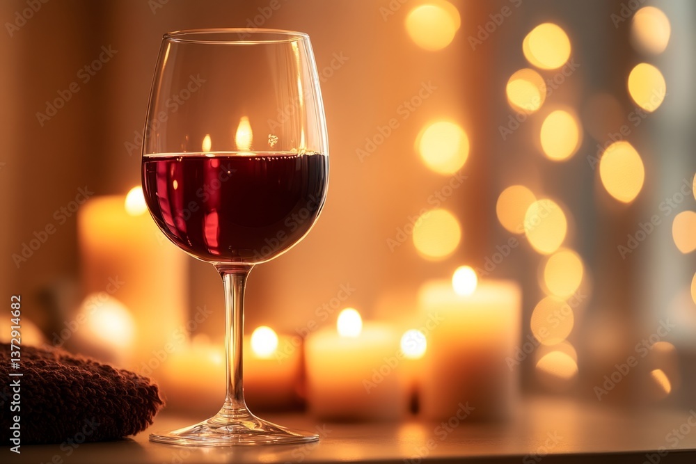 Poster red wine glass with burning candles and blurred string lights in the background creating warm romant