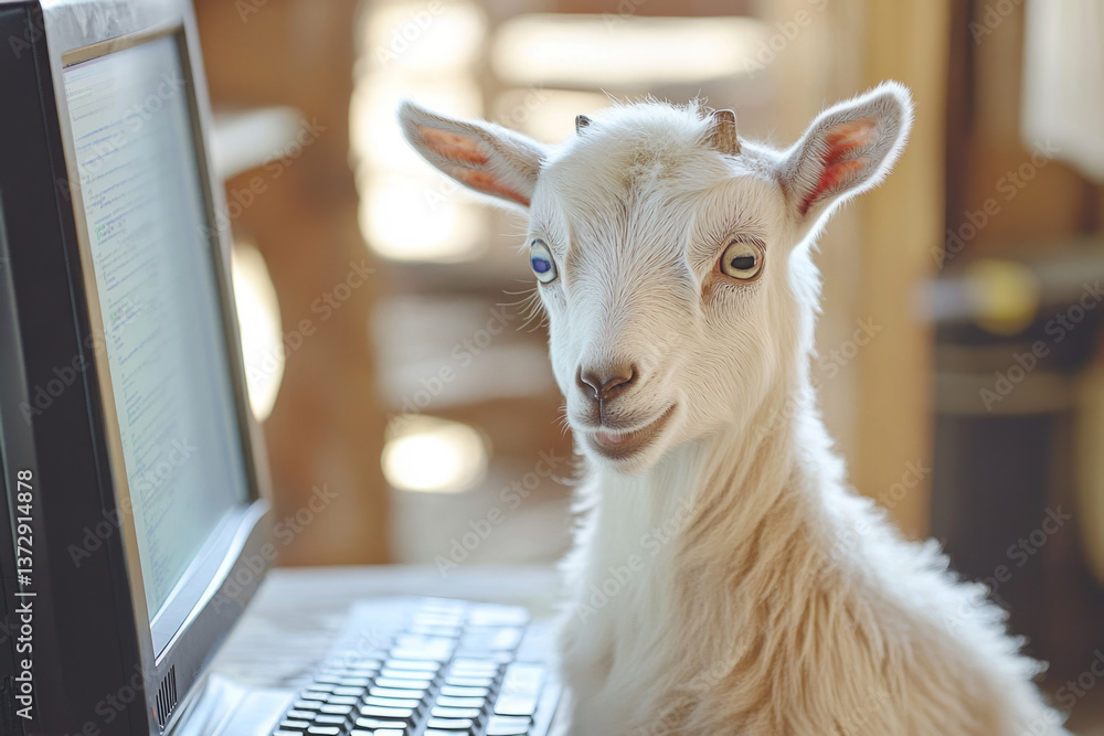 Poster curious young goat exploring technology, sitting in front of desktop computer