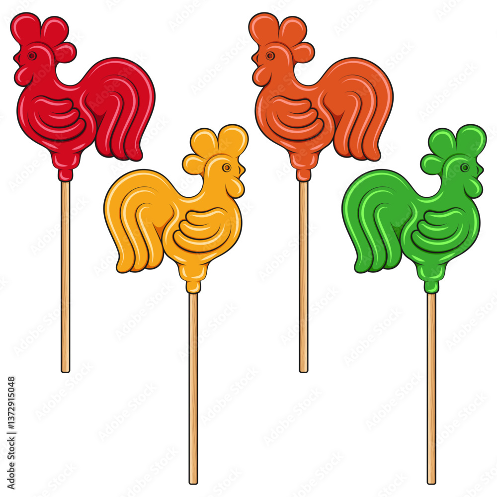 Aufkleber set of color illustrations with lollipop cockerel on a stick. isolated vector objects on white backg