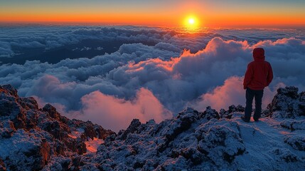 Fototapeta premium A person standing on top of a mountain looking out over the clouds