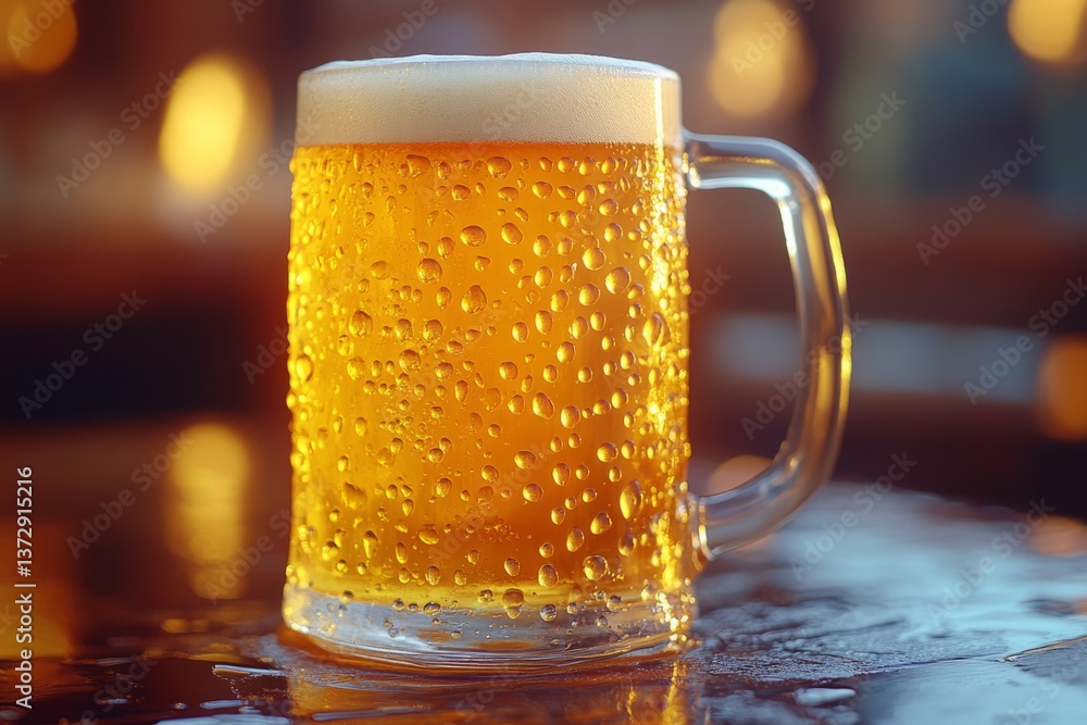 Poster glass of cold beer is sweating on table in pub with warm bokeh background