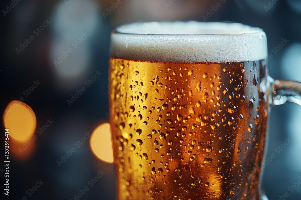 Poster close-up of a cold beer mug with condensation, creating refreshing droplets in a warm, inviting pub 