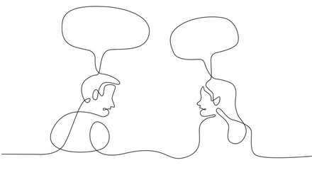 Continuous line drawing of man and woman having conversation with speech bubbles