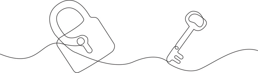 Continuous line drawing of padlock and key