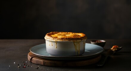 Golden-brown puff pastry on ceramic dish with black pepper and spices