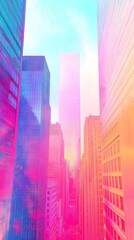 Obraz premium Vibrant cityscape with colorful reflections during sunset