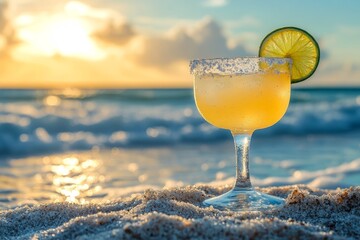 Refreshing margarita cocktail stands on a sandy beach as the sun sets over the ocean, creating a tranquil and inviting scene