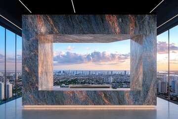 High-rise vista clouds, cityscape, marble frame