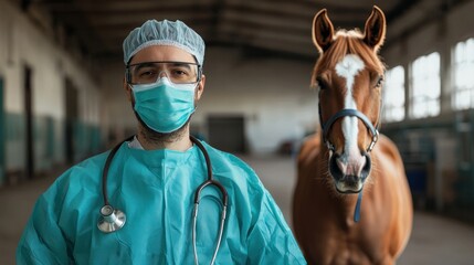 Veterinarian treats horse at indoor equine clinic close-up documentary photography