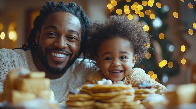 Father and daughter joyfully sharing a festive breakfast with stacks of pancakes, capturing warmth and family togetherness against a cozy backdrop.