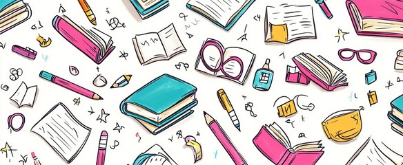 A colorful illustrative pattern showing books and various stationery objects