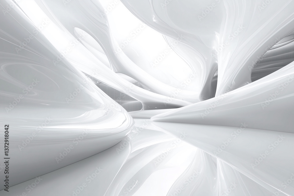 Poster long, curved tunnel with a white wall. the tunnel is empty and the only light is coming from the top