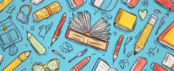 Colorful cartoon drawing of books pencils and other stationery items