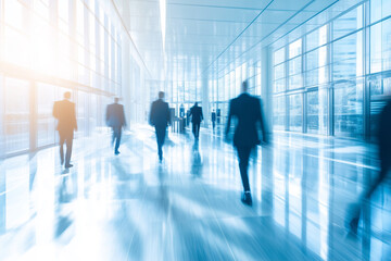 group of people walking in a large, open space. The image is blurry, giving it a sense of motion and energy. The people are dressed in business attire